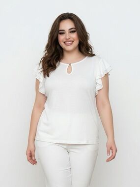 MARBLE Women's Short Sleeve Top White With Ruffle Sleeves | Size XL